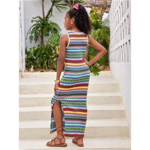 Robe maxi sans manches à rayures bohèmes avec fente latérale pour filles, tenues de plage pour les vacances - Product Image 2