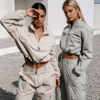 Ensemble deux pièces pour femme : Sweat à capuche personnalisé OEM, veste coupe-vent, pantalon de jogging, pull demi-zip, haut court, tenue de sport