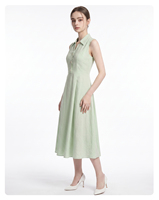 Robe midi en lin et coton à taille empire - Robe chemise bohème sans manches avec col mandarin