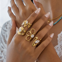 Ensemble de bagues en acier inoxydable plaqué or avec zircon pour femmes, ajustables, bagues en zircon 18 carats, vente en gros de bijoux de mode, fournisseur OEM en vrac