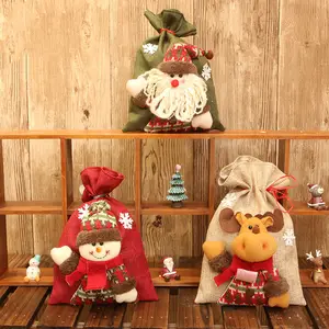 新年圣诞装饰品家居亚麻拉绳礼品袋大糖果圣诞袋节日卡通苹果袋