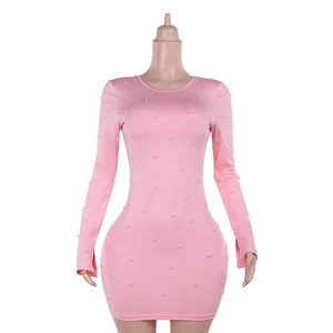 Abito Mini Sexy con <span class=keywords><strong>Schiena</strong></span> <span class=keywords><strong>Scoperta</strong></span> e <span class=keywords><strong>Maniche</strong></span> <span class=keywords><strong>Lunghe</strong></span>, Decorato con Perline, Tinta Unita, da Donna, Nuova Collezione Autunno 2025 Europa Stati Uniti, Stile Spice Girls, <span class=keywords><strong>Vestito</strong></span> Aderente sui Fianchi - Product Image 1