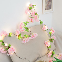 Guirnalda de Luces Decorativas con Hojas Verdes y Flores de Cerezo para el Hogar, Bodas y Decoración de Festivales