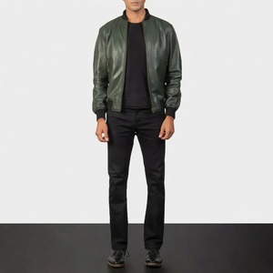 Men's Green Genuine Leather Slim Fit Bomber Jacket with Front Logo <b>Covered</b> <b>Button</b> Closure Regular Fit Solid Color Autumn Style - Product Image 1