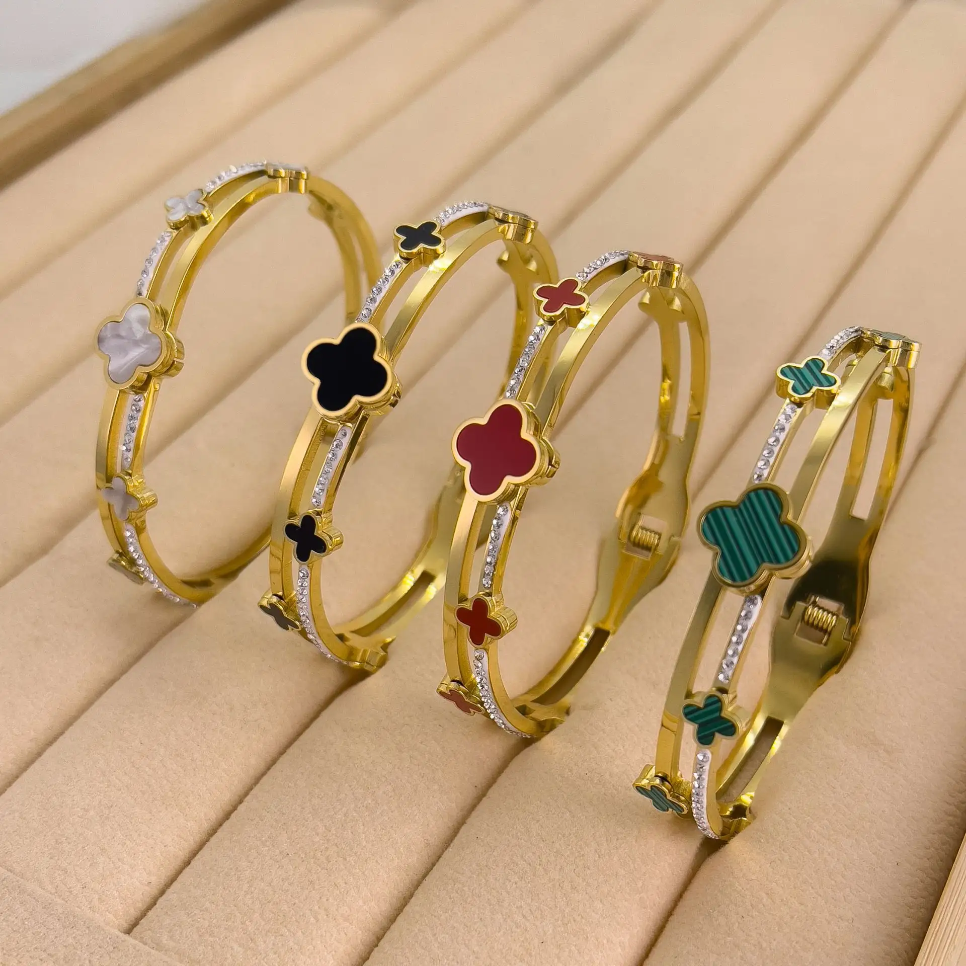 XIXI Acier, неоксибилизированные женские дизайнерские позолоченные браслеты из нержавеющей стали 18 карат с четырьмя листьями клевера, модные ювелирные изделия, браслеты