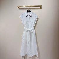 Gaun kemeja kerah manik-manik lengan pendek berkancing berikat pinggang pinggang tinggi saku samping belahan samping campuran linen motif bunga vintage wanita kasual
