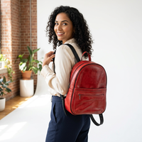 Sac à dos pour ordinateur portable en cuir véritable rouge avec fermeture à glissière, bretelles, style élégant pour femmes