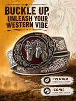 Ceinture en jean style western pour hommes et femmes avec motif rétro en relief, boucle en alliage et motif cheval, accessoire de mode