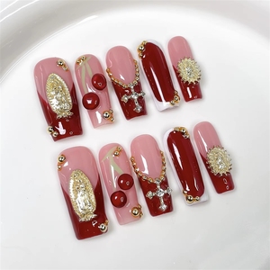 Faux ongles longs carrés rouge vin à motif français en relief, décoration croix <span class=keywords><strong>Vierge</strong></span> Marie, style rétro, pour la Saint-Valentin - Product Image 1