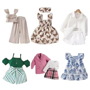 Vente en gros d'ensembles de robes en coton pour enfants avec t-shirt, jupe, salopette et pantalon pour filles, tenues d'été - Product Image 3