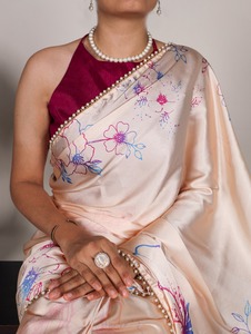Sari en soie satinée japonaise rose élégant avec bordure perlée, pour femmes, pour mariage et soirée, style traditionnel Inde-Pakistan - Product Image 4