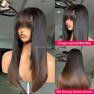 Peluca Bob Ombre Marrón de 300g con Flequillo y Corte en Capas, Sin Pegamento, Cierre de Encaje HD 5x5, Cabello Humano Liso Natural Vietnamita con Flequillo - Product Image 4