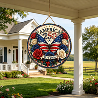 Décoration de porte ronde en bois patriotique moderne, motif drapeau américain, arrosoir, pour le 4 juillet, panneau de porte d'entrée, design floral
