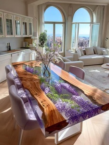 Ensemble de table à manger en résine époxy transparente moderne personnalisable avec plateau en <span class=keywords><strong>bois</strong></span> massif <span class=keywords><strong>et</strong></span> pieds en métal 4 places pour hôtels - Product Image 1