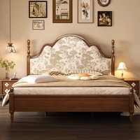 Cama de Plataforma Tapizada con Estampado Europeo Retro Francés, Crema, Estilo Mediados de Siglo, Madera Maciza, Elegante, para Dormitorio Principal, Cama Matrimonial Grande