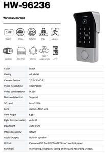 Sonnette <span class=keywords><strong>vidéo</strong></span> intelligente HIWINK avec capteur de mouvement, mot de passe, carte IC, contrôle d'accès NFC, caméra WiFi Tuya 2MP, IP65 - Product Image 6