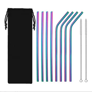 Wholesale Custom Logo Eco Reusable Cocktail Metal Straw Drinking Colored 18/8 Stainless Steel Straws Set For Kids Bar