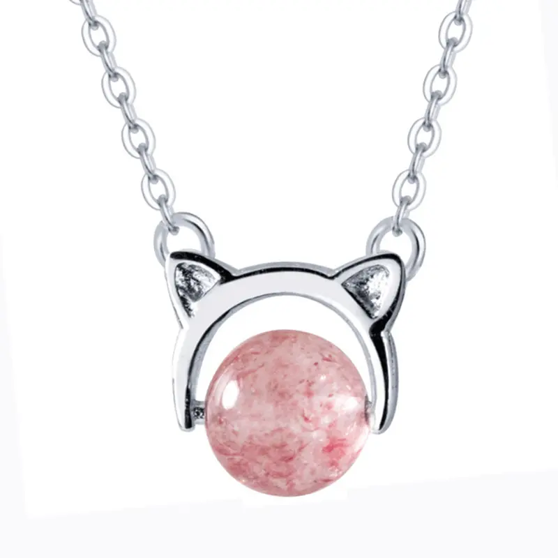 S925 Sterling Silver Fashion Cute Sweet Kitty Cat Pink Strawberry Quartz Pendants Necklace Women Jewelry