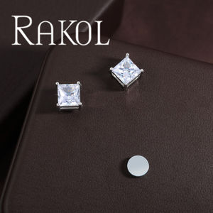 RAKOL ZPE625 Diseño de nicho de moda Cuadrado de cuatro puntas Zircon Pendientes chapados en platino para mujer - Product Image 5