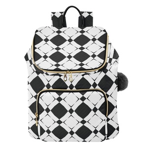 High-quality Customs Black White Check Women's <b>Backpack</b> Fashion Travel <b>Backpack</b> <b>Large</b> Gold Zipper Bag - Product Image 1