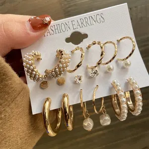 New 6-piece Butterfly tassel Pearl Earrings French Vintage Gold Plated Hoop Drop Earrings Set For Women