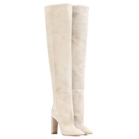 Bottes hautes en daim beige pour femme, à bout pointu, talon bloc épais, à enfiler, pour l'hiver, mode féminine, bottes de soirée élégantes