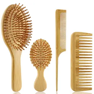 Набор из 4 деревянных расчесок для волос, расческа из натурального бамбука с широкими зубцами и крысиным хвостом, Антистатическая щетка для волос, деревянная расческа с воздушной подушкой, дорожный набор