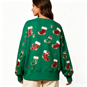 Sweat-shirt en coton French Terry vert à col rond 360 g/m² pour femme, broderie de paillettes de Noël, vente chaude - Product Image 2
