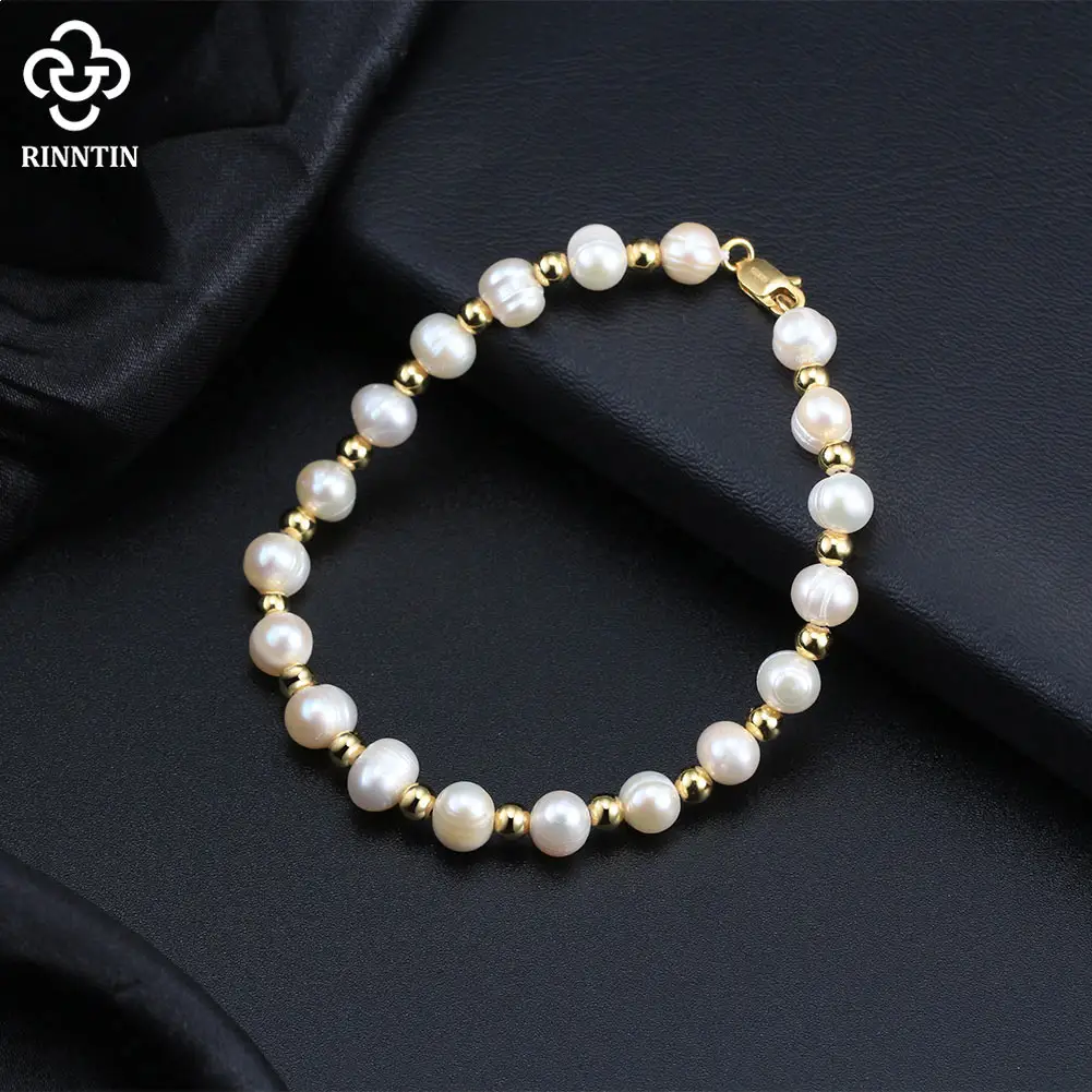 RINNTIN NMB03 bijoux pour hommes perles plaquées or 18 carats bracelets en perles blanches bijoux minimalistes faits à la main bracelet en argent sterling 925