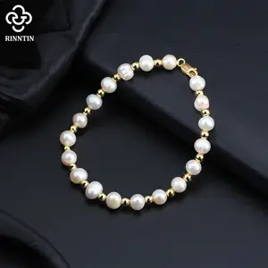 Rinntin Nmb03 Mannen Sieraden 18K Vergulde Kralen Witte Parel Armbanden Minimalistische Sieraden Handgemaakt 925 Sterling Zilver Armband