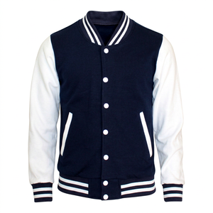 Veste universitaire bleu marine pour homme avec manches blanches et bordure rayée, style preppy, coupe classique, vêtement d'automne, impression de logo personnalisée - Product Image 1