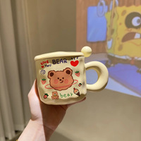 Tasse en céramique style coréen en forme d'ours en peluche, avec poignée mignonne, grande capacité et design simple, pour lait, avec cuillère et couvercle