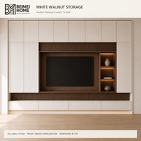 Meuble TV moderne minimaliste en bois massif, unité murale TV du sol au plafond avec rangement blanc, centre multimédia en noyer pour salon