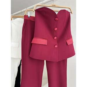 Conjunto de Traje de Satén para Mujer Sobe, Color Borgoña, Dos Piezas, Blazer y Pantalones, Ropa Formal 10024 - Product Image 1