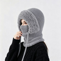 3-en-1 Cagoule d'hiver en tricot plat, doublée polaire, coupe-vent, masque intégral, cache-cou, avec cordon de serrage réglable, couvre-chef thermique pour le ski