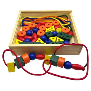 NERS Manipulative Educational Toys Solid Wood Material Lacing Beads With Nylon Shoe Laces
