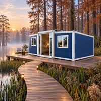 Maison conteneur extensible bleue et blanche, cabane préfabriquée, maison de vacances personnalisée pour retraites en forêt, chalets en bord de lac et glamping