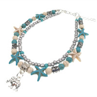 Tobillera de varias capas con cuentas de turquesa hechas a mano para mujer y niña, pulsera tobillera de playa de mar, cuentas de aleación