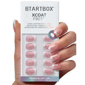 Kit de faux ongles à presser en gel souple, forme cercueil courte, style French, avec motif étoile, faits main, avec colle, vente en gros - Product Image 1
