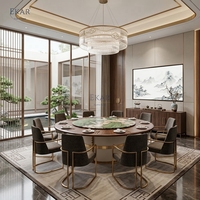 Table à manger ronde chinoise moderne, finition bois de luxe, table à manger sur piétement avec incrustation décorative pour villa, restaurant