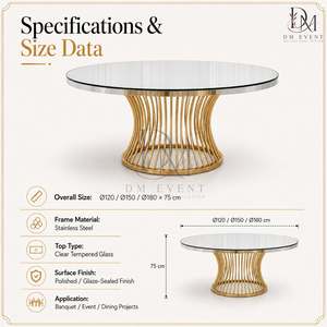 Mesa de Banquete Redonda con Base Elíptica de Acero Inoxidable Dorado Personalizada y Cubierta de Vidrio Templado Espejado - Product Image 4