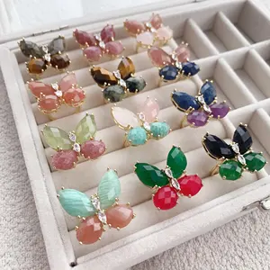 LS-L1983 Unique design colorful gemstone rings butterfly sun stone finger ring prehnite women adjustable rings party jewelry