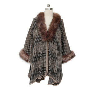 Hochwertige dicke Kunst pelz Poncho <span class=keywords><strong>Vintage</strong></span> zwei Farben kombiniert gestrickte Kunst pelz Kragen Mantel <span class=keywords><strong>Cape</strong></span> - Product Image 2