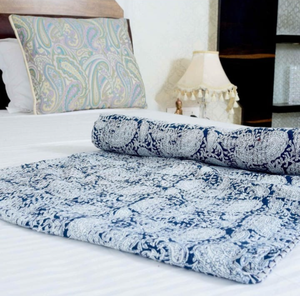 Traditional Hand Block Print Kantha Quilt – Handmade Cotton <b>Floral</b> <b>Bedspread</b> for Twin and King Size - Product Image 6