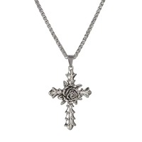 GOLDIX Collier pendentif vintage néo-gothique en acier inoxydable plaqué argent avec fleur de rose et foi chrétienne Accessoire de mode Bible