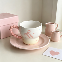 Tasse à café en céramique peinte à la main de 400 ml avec anse perlée rose, bord ondulé, tasse à eau, tasse de petit-déjeuner mignonne, cadeau pour filles