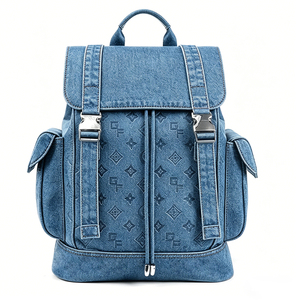 Zaino in Denim <span class=keywords><strong>Blu</strong></span> con Monogramma per Donne, Multitasche con Chiusura a Coulisse, Stile Vintage per Scuola e Attività all'Aperto - Product Image 5