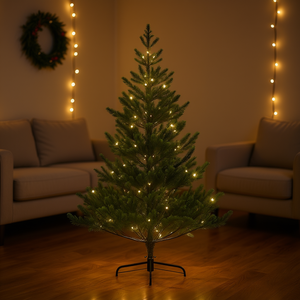 Sapin de Noël artificiel DB de 1,80 m (6 pieds) avec aiguilles de pin, base métallique, pré-éclairé, décoration intérieure pour les fêtes, lumières LED blanc chaud - Product Image 2