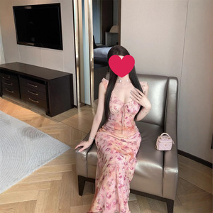French Style Floral Print V Neck Slip Dress Pink Mermaid Maxi Evening Dress Slim Fit Bodycon Skirt - Product Image 2