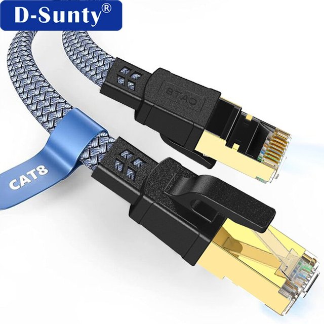 D-sunty Cat8 Solid Copper Flat Nylon Braided Ethernet Cable 40Gbps 2000MHz SFTP RJ45 for Router PC Gaming
